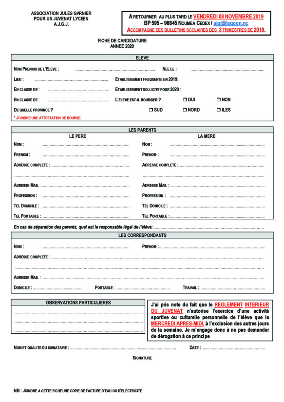 La fiche de candidature 2020
