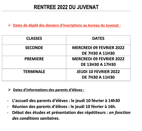 Calendrier de rentrée du Juvenat