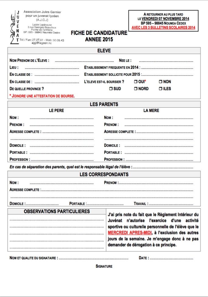 Les fiches de candidature 2015