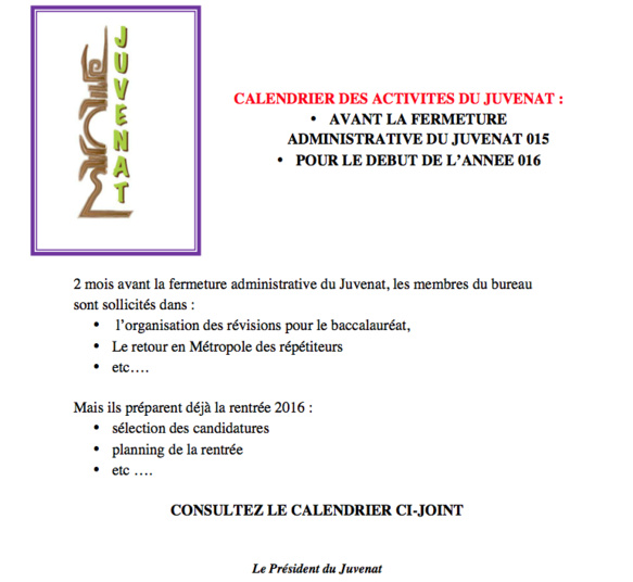 Calendrier des activités du Juvenat