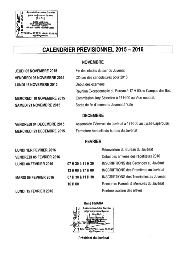 Calendrier des activités du Juvenat
