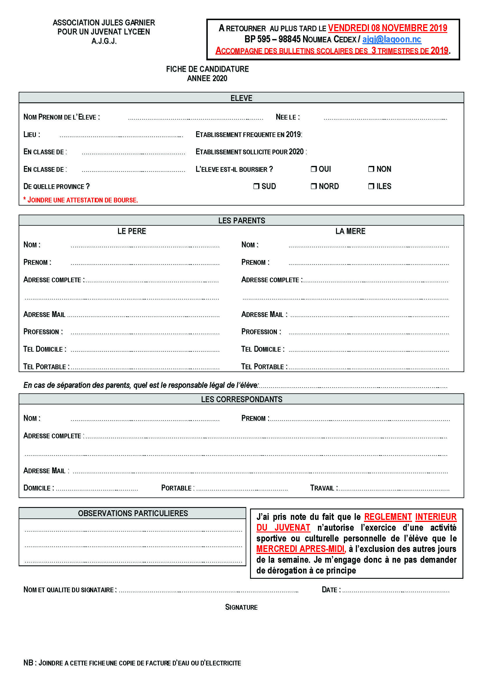 La fiche de candidature 2020