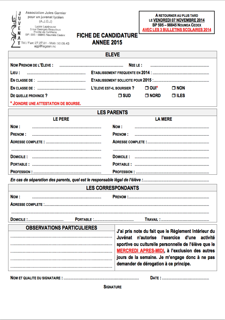 Les fiches de candidature 2015