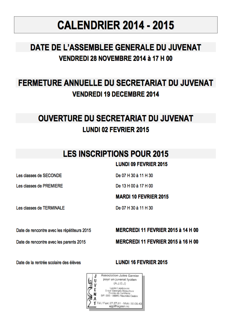 Le Calendrier 2014-2015