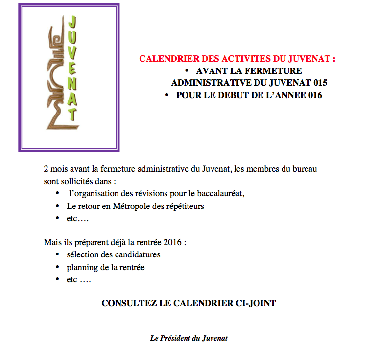 Calendrier des activités du Juvenat