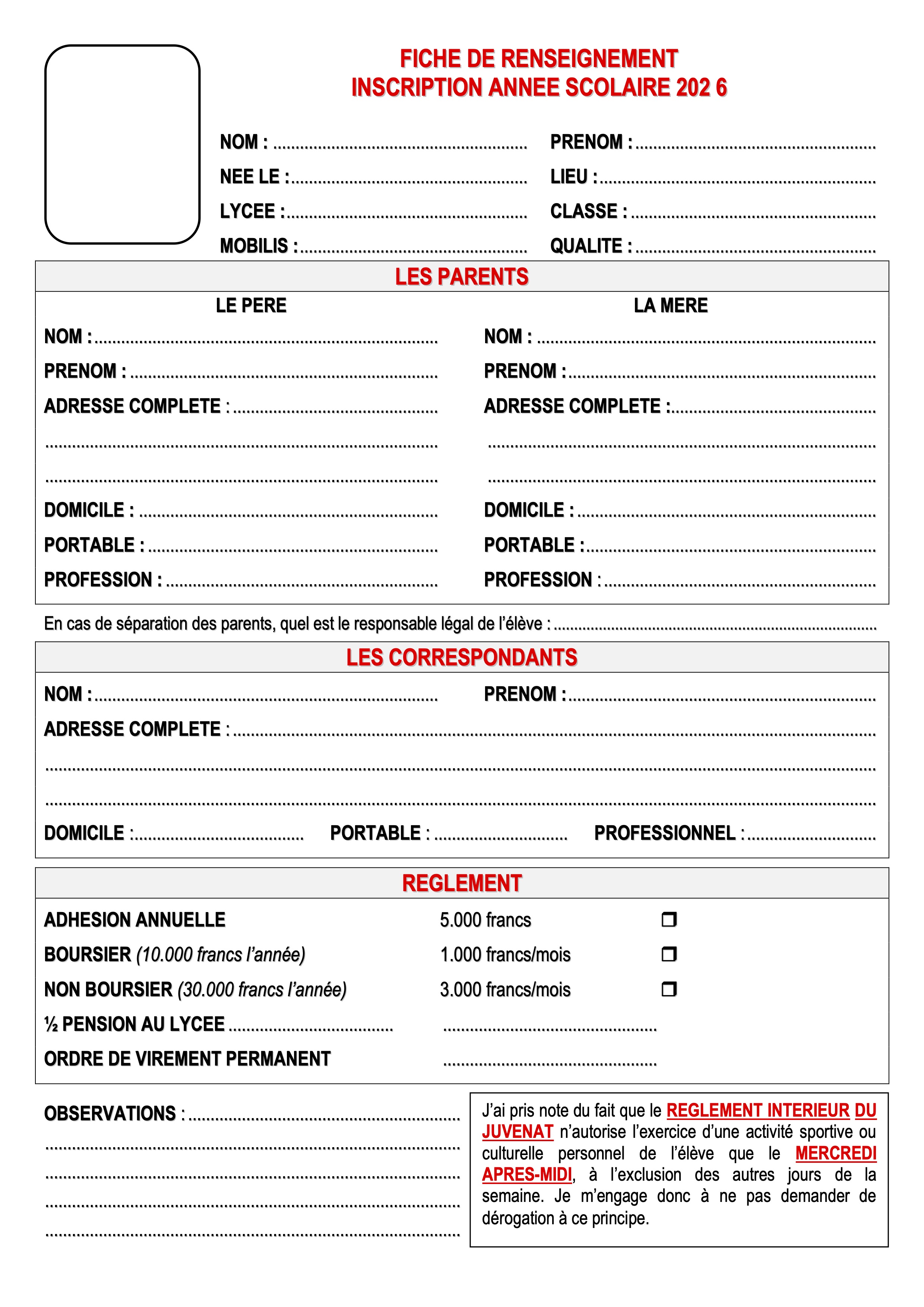 Le dossier d'inscription Juvenat 2026