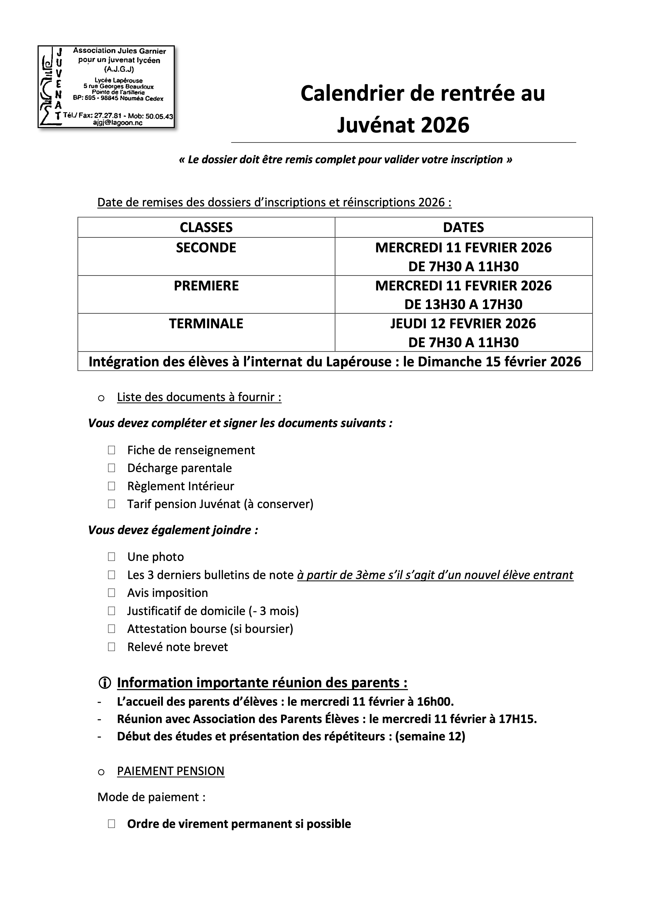 Le dossier d'inscription Juvenat 2026